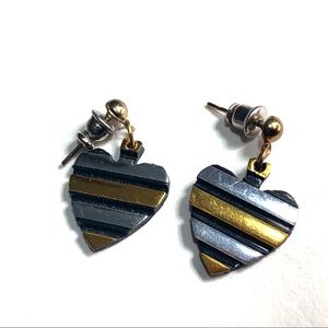 Heart Shaped Dangle Earrings Raised Silver Gold Tone & Black Stripes
